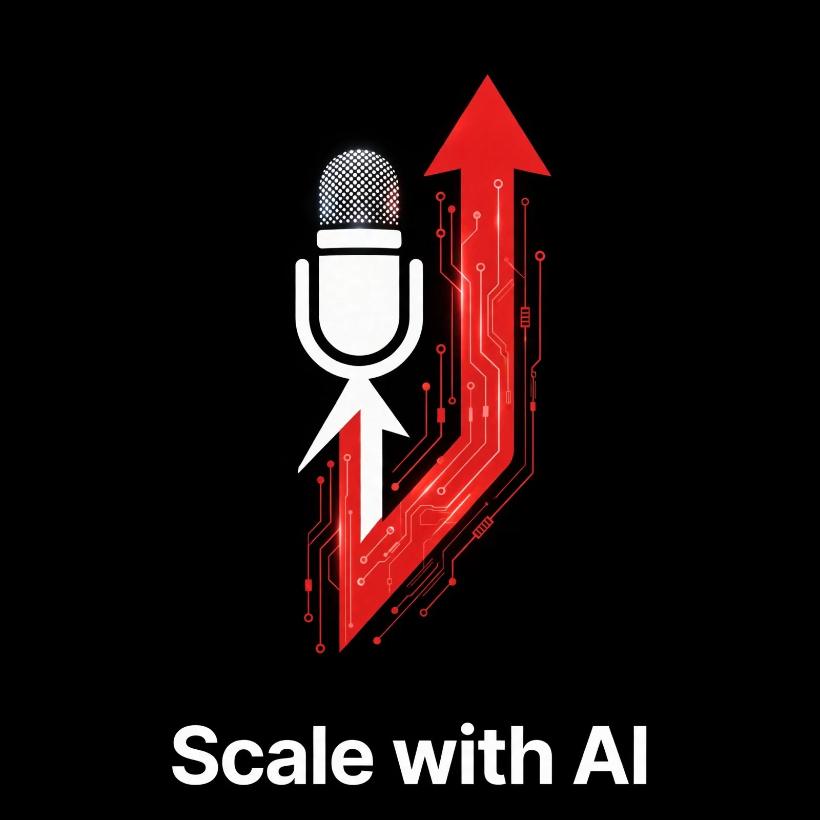 Scale with AI podcast cover art: white microphone with a red growth arrow on black